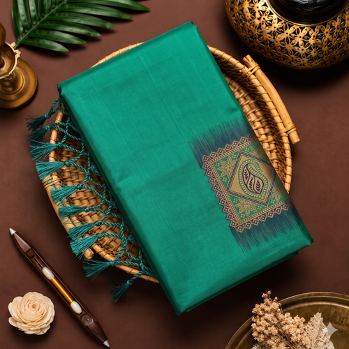 Rama green soft silk saree with navy Meena work pallu and tassels