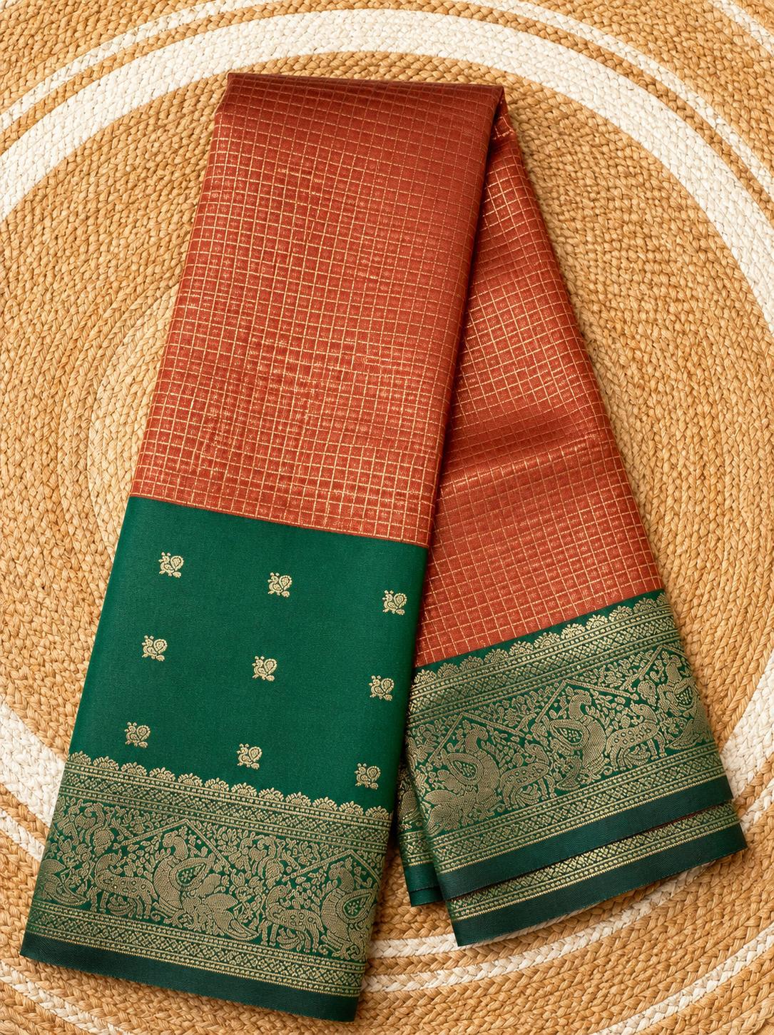 Rust Kanchi checks soft silk saree with bottle green zari border