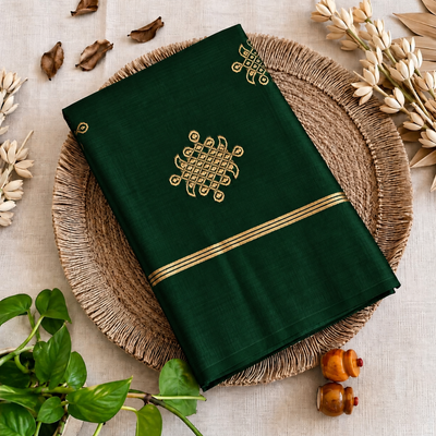 Kolam Soft Silk Saree with Zari Weaving | Bottle Green