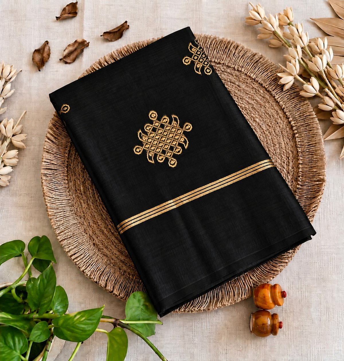 Black Kolam soft silk saree with zari weaving Main image