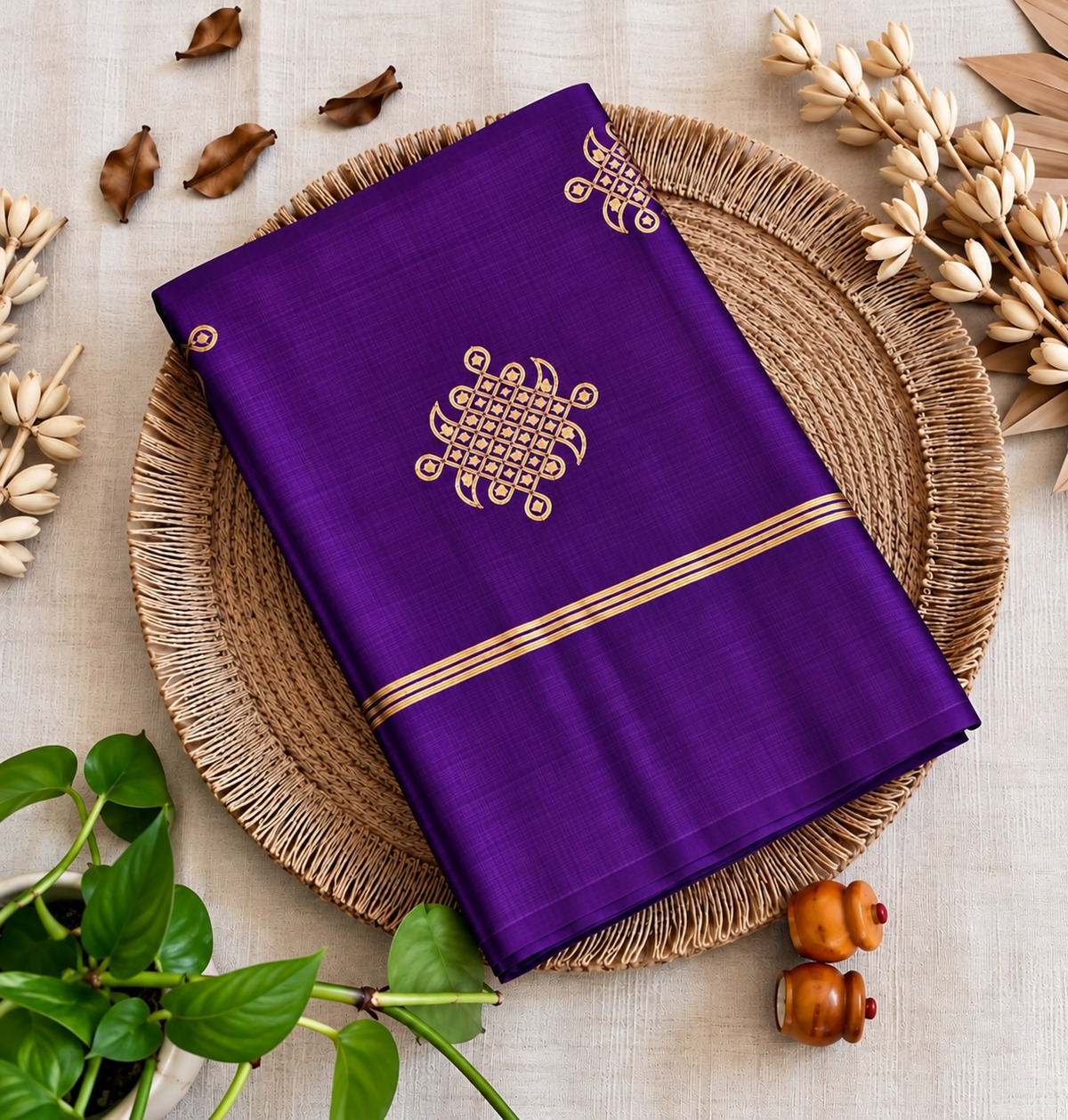 Violet Kolam soft silk saree with zari weaving Main image