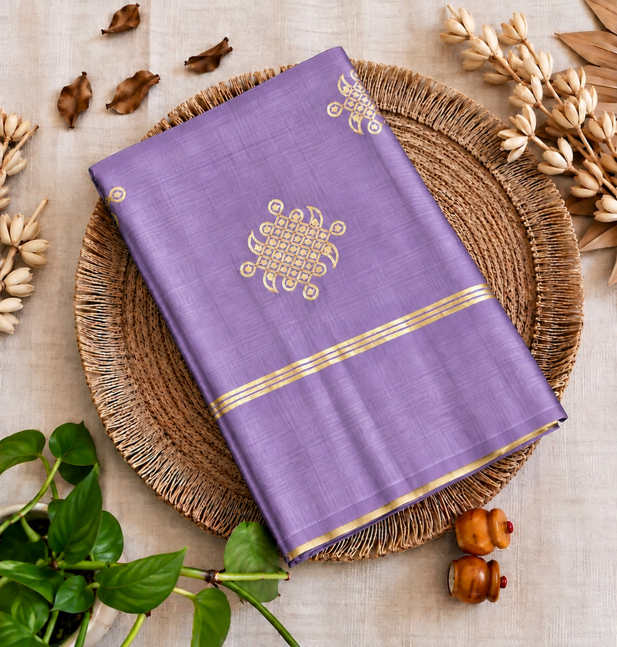 Lavender Kolam soft silk saree with zari weaving Main image