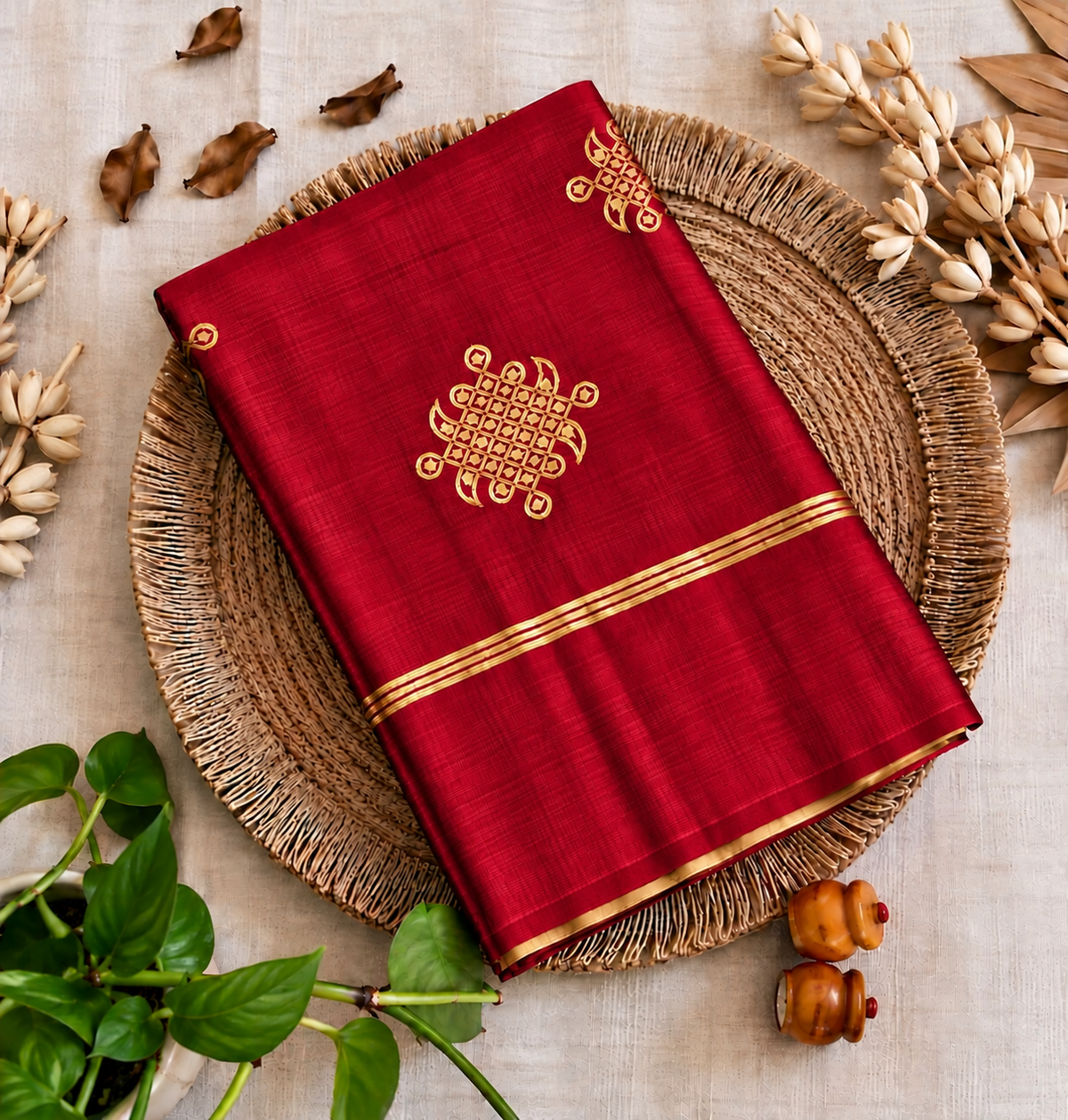 Red Kolam soft silk saree with zari weaving Main image