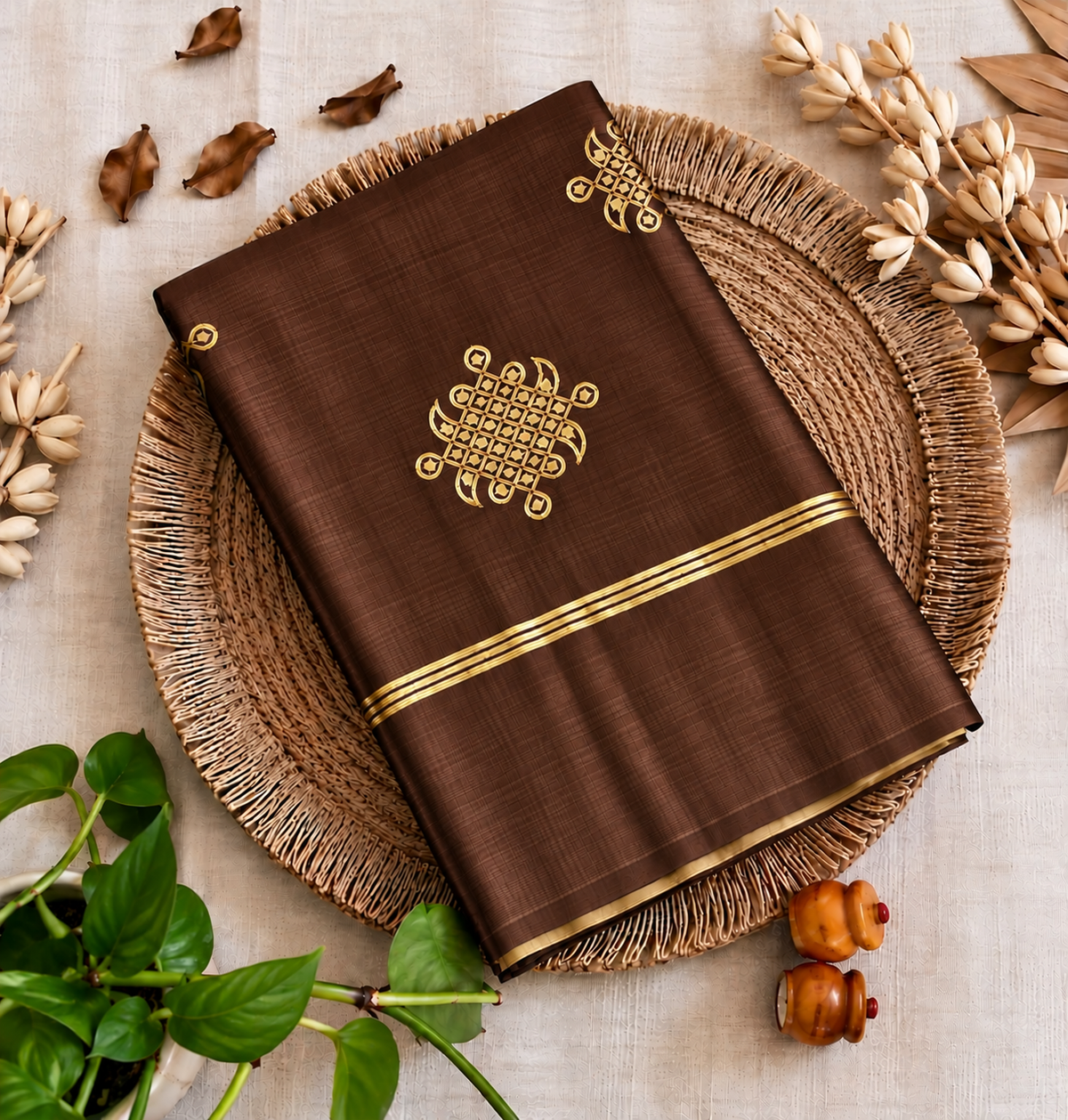 Coffee Brown Kolam soft silk saree with zari weaving