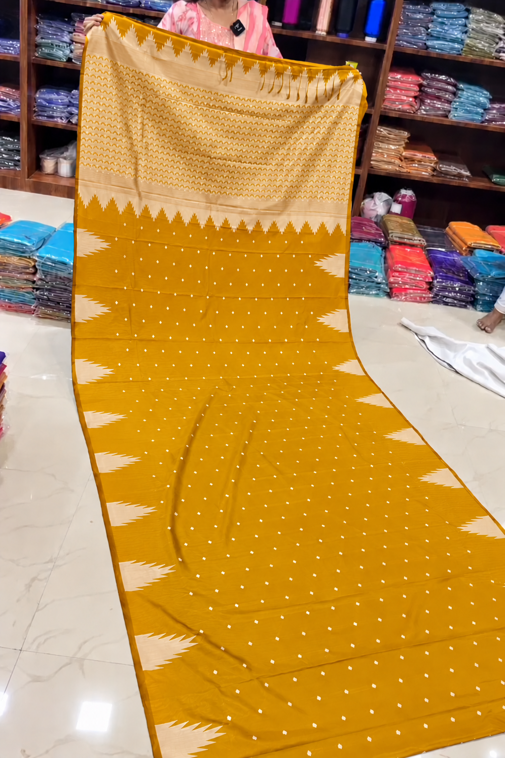 Mustard Yellow with Cream soft silk saree with temple tower border and tassels Main image