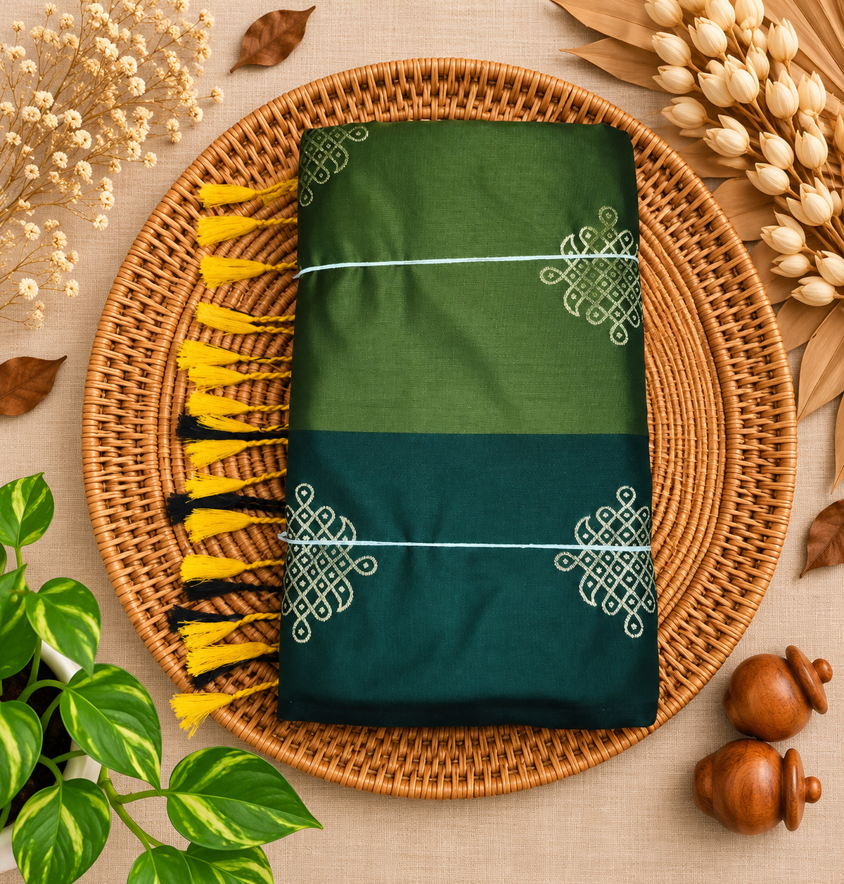 Olive green with deep teal premium Kolam saree with contrast border and tassels Main image