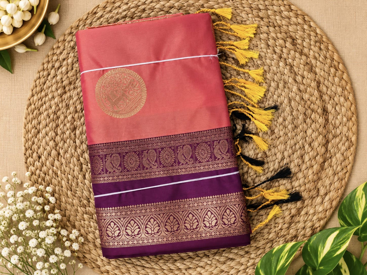 Peach Pink with Purple silk-look saree with bentex border and tassels