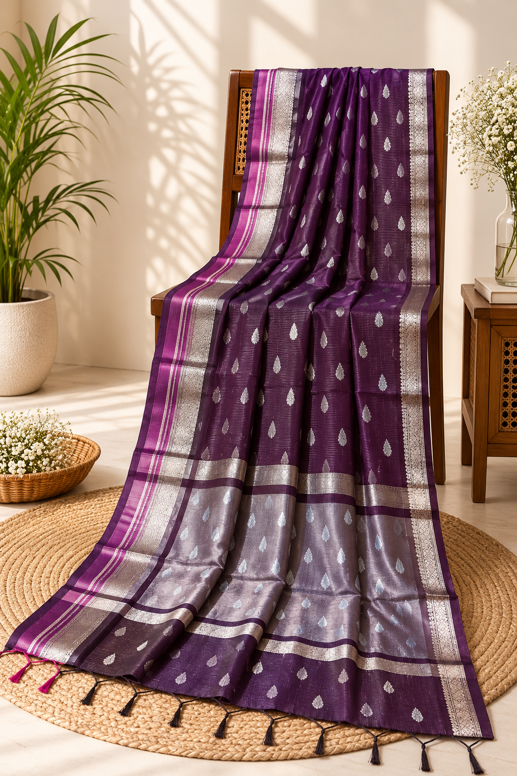 Deep Plum Banarasi handloom warm silk saree