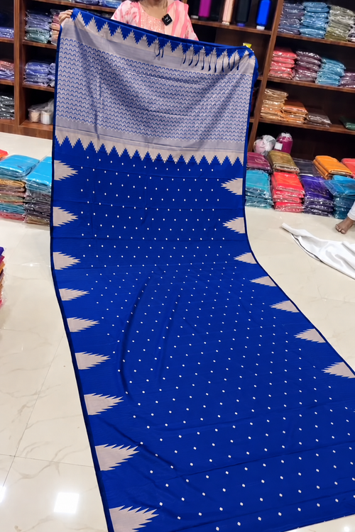 Royal Blue with Cream soft silk saree with temple tower border and tassels