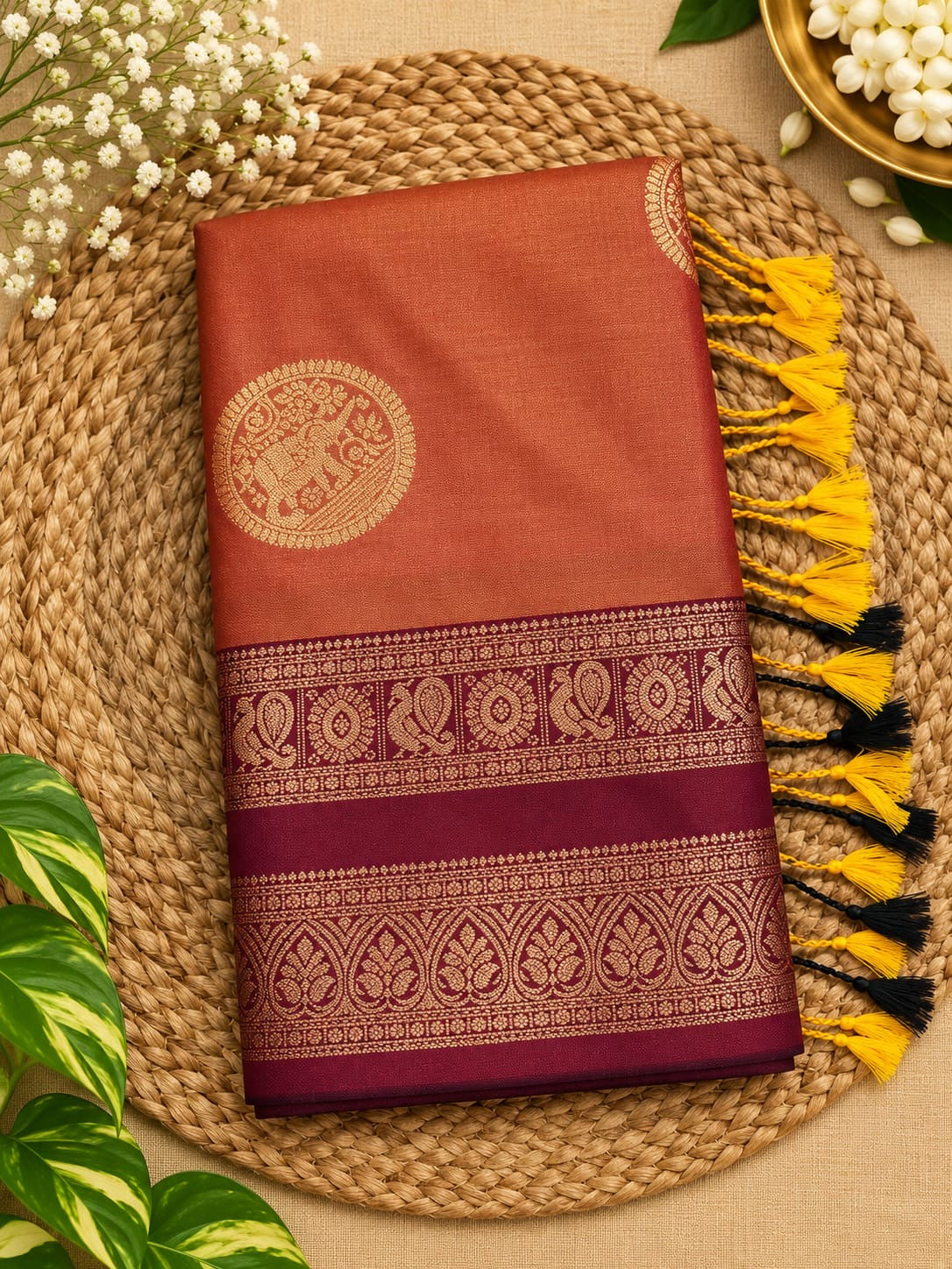 Rust Orange with Wine silk-look saree with bentex border and tassels Main image
