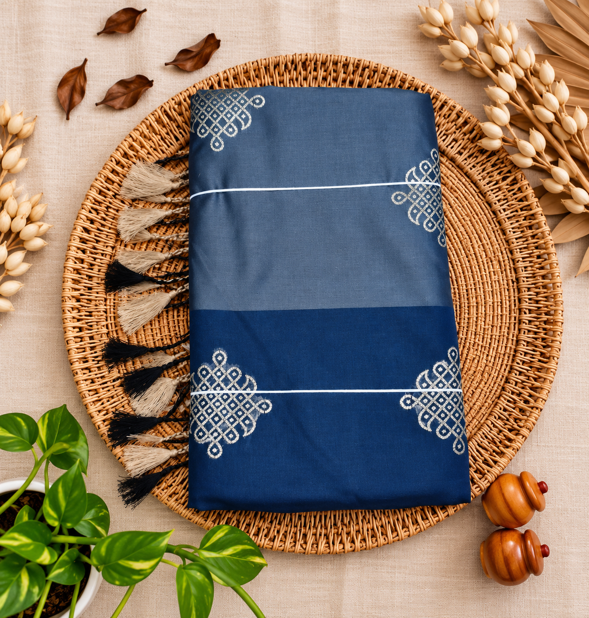 Steel blue with navy premium Kolam saree with contrast border and tassels
