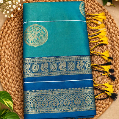 Pure Silk Inspired Bentex Border Saree with Beautiful Tassels|Teal blue with Royal blue
