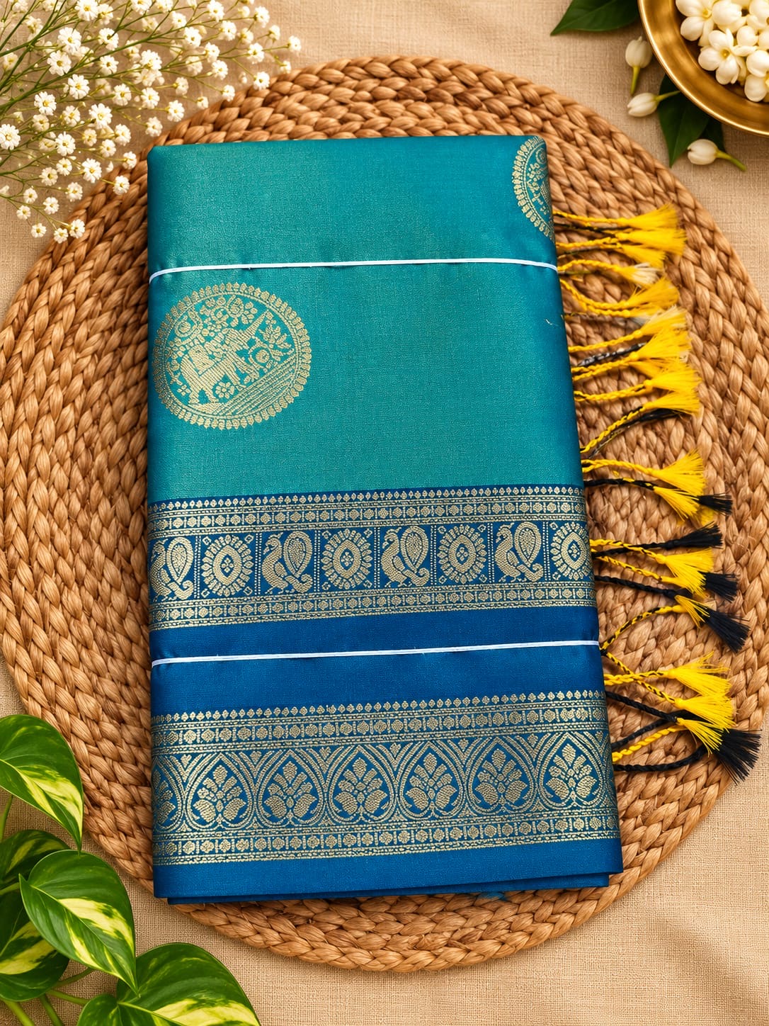 Teal Blue with Royal Blue silk-look saree with bentex border and tassels Main image