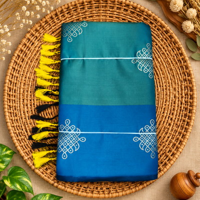 Premium Kolam Saree with Contrast Border | Turquoise Teal with Blue