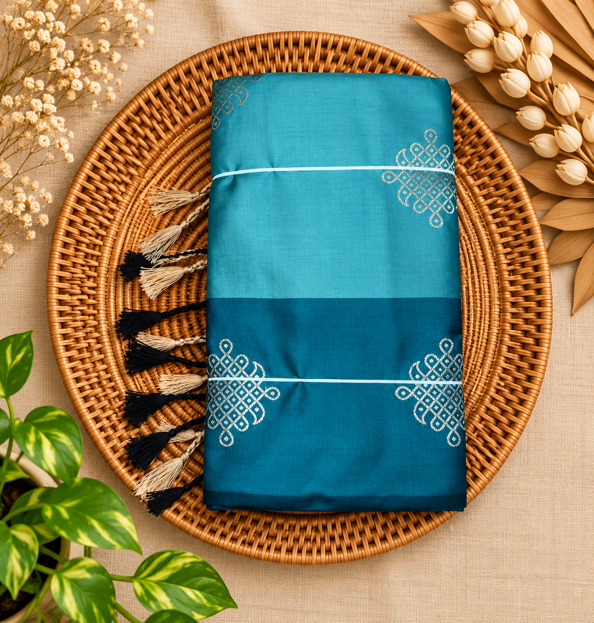 Turquoise teal & deep teal premium Kolam saree with contrast border and tassels