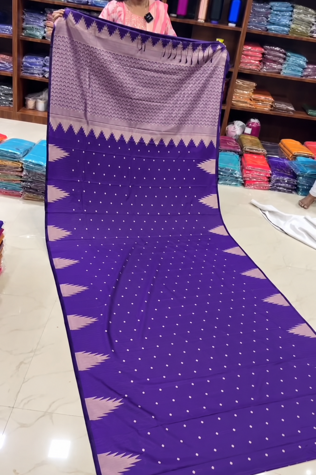 Violet with Cream soft silk saree with temple tower border and tassels Main image