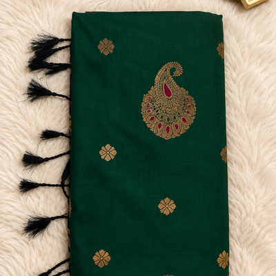 Soft Silk Saree with Zari Paisley Butta | Bottle Green