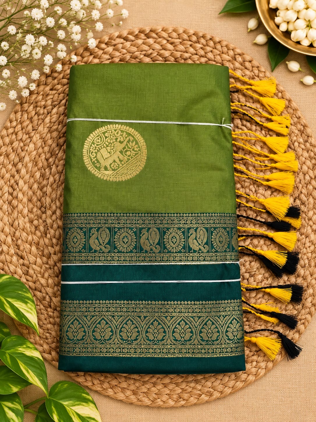 Olive Green with Green silk-look saree with bentex border and tassels Main image