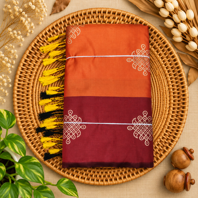 Premium Kolam Saree with Contrast Border | orange with maroon