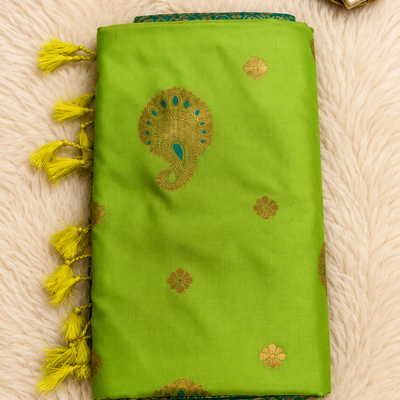 Soft Silk Saree with Zari Paisley Butta | Parrot Green