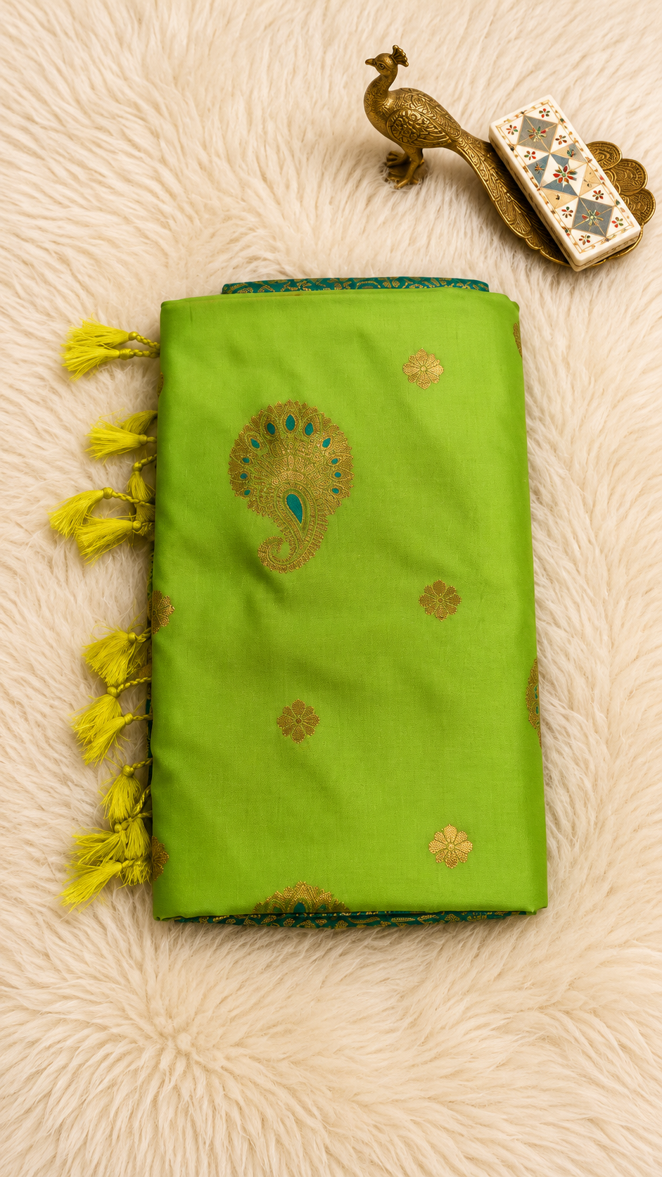 Parrot green soft silk saree with gold zari paisley butta and tassels Main image