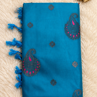 Soft Silk Saree with Zari Paisley Butta | Peacock Blue