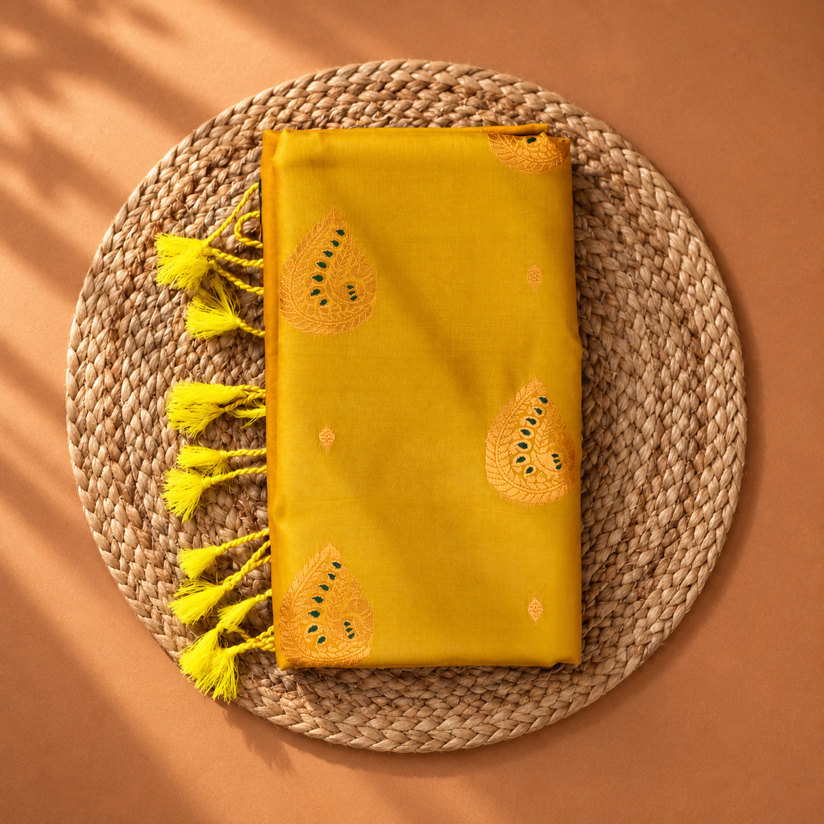 Mustard Yellow soft silk saree with zari meena butta