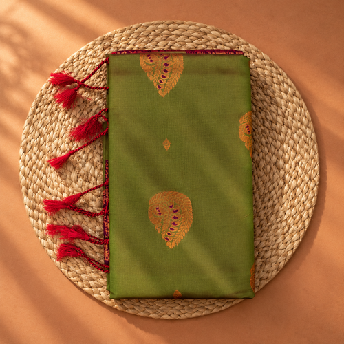 Olive Green soft silk saree with zari meena butta