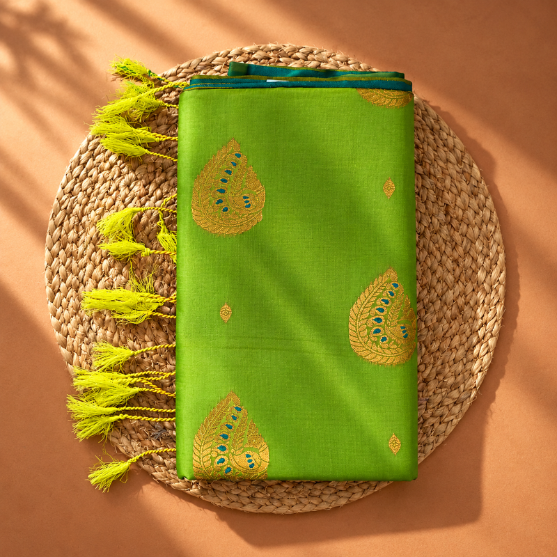 Parrot Green soft silk saree with zari meena butta